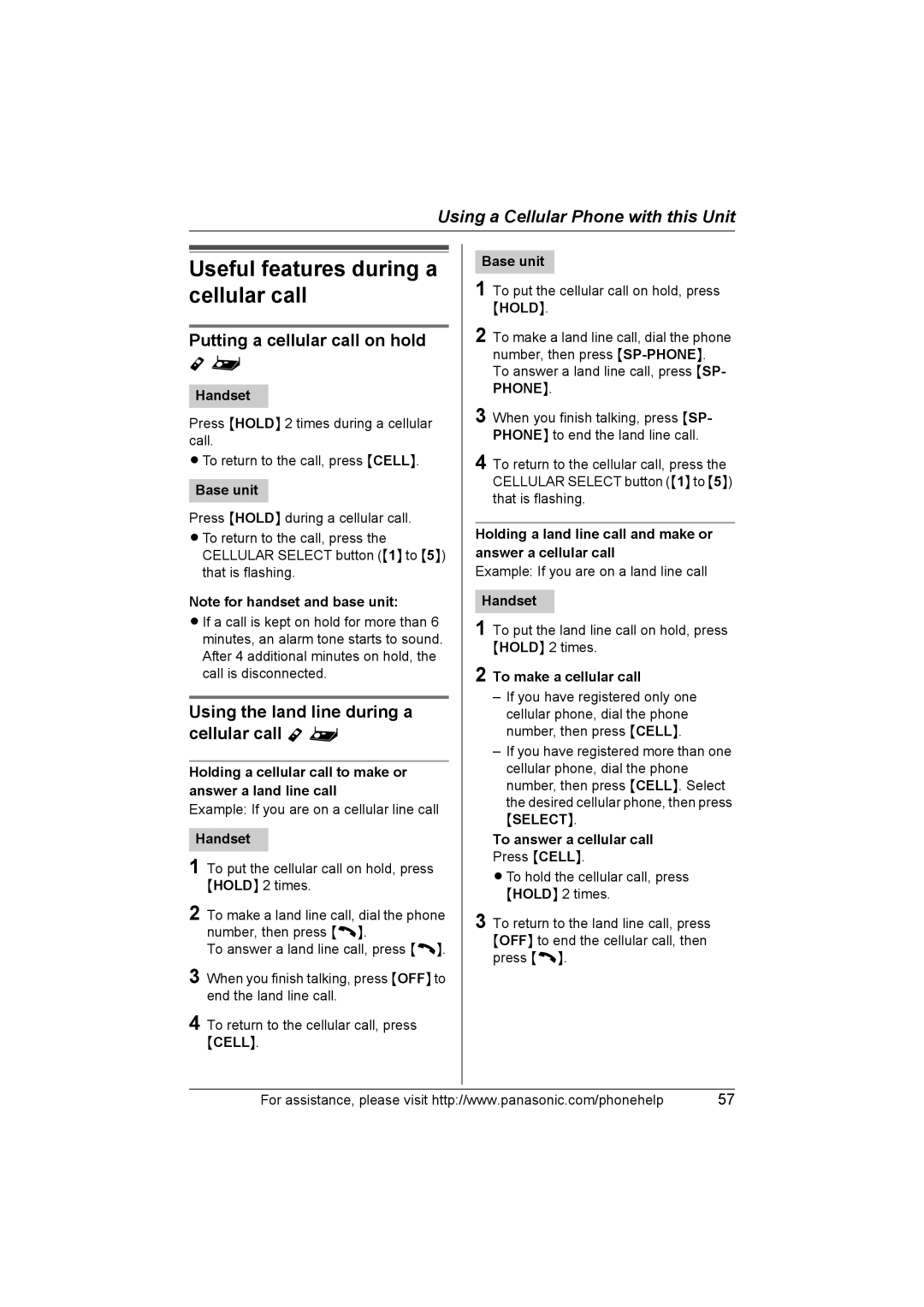 Panasonic KXTH111 operating instructions Useful features during a cellular call, Putting a cellular call on hold 