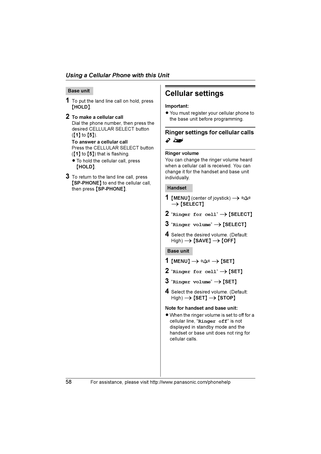 Panasonic KXTH111 operating instructions Cellular settings, Ringer settings for cellular calls, Ringer volume 