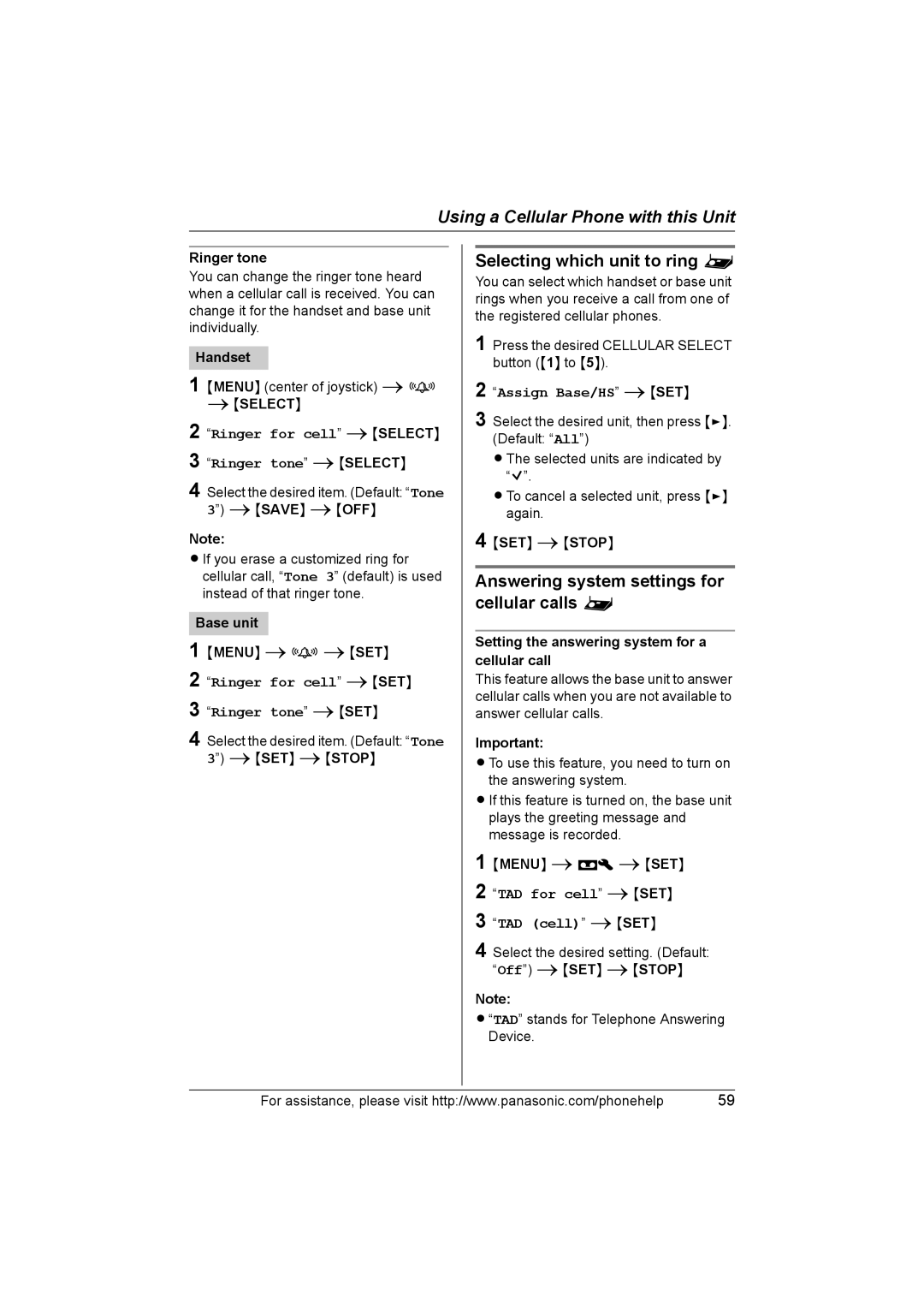 Panasonic KXTH111 operating instructions Selecting which unit to ring, Answering system settings for cellular calls 