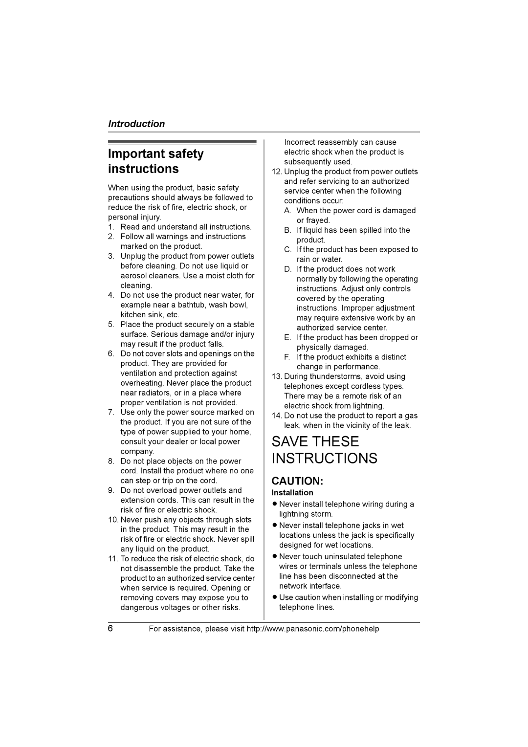 Panasonic KXTH111 operating instructions Important safety instructions, Installation 