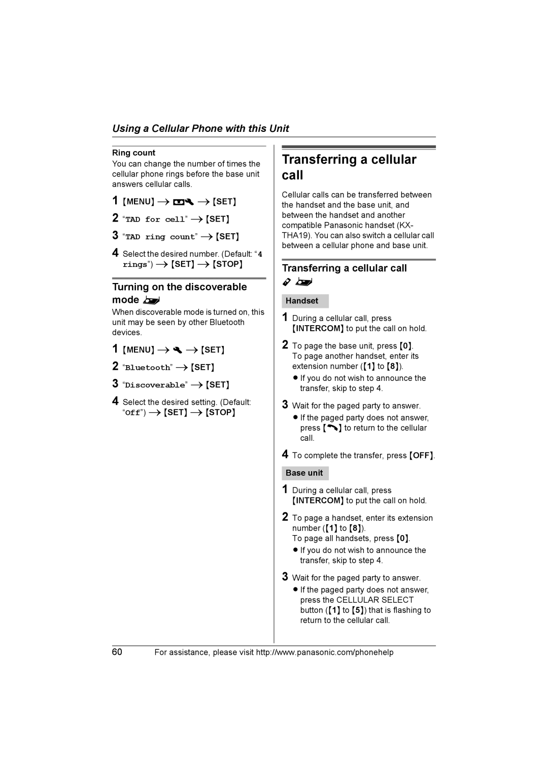 Panasonic KXTH111 Transferring a cellular call, Turning on the discoverable mode, TAD for cell iSET TAD ring count iSET 