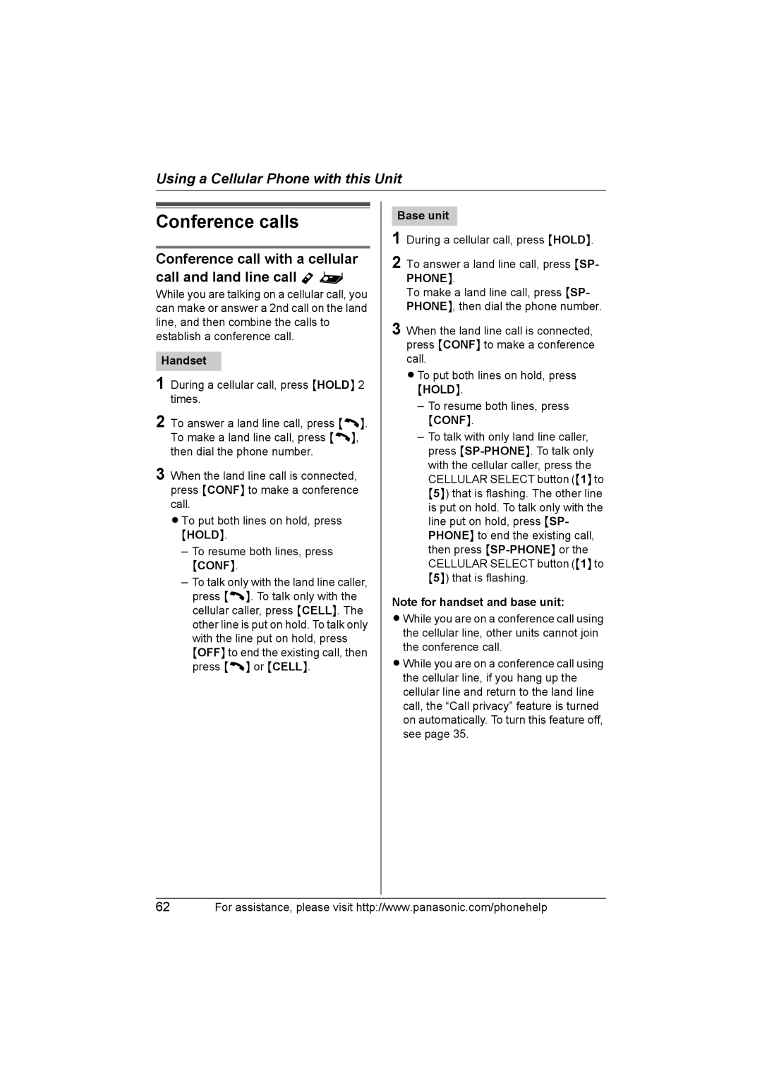 Panasonic KXTH111 operating instructions Conference call with a cellular call and land line call Y 