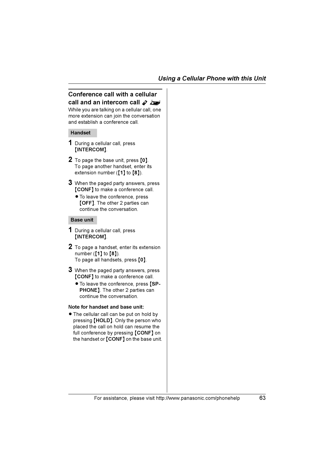 Panasonic KXTH111 operating instructions Conference call with a cellular call and an intercom call Y 