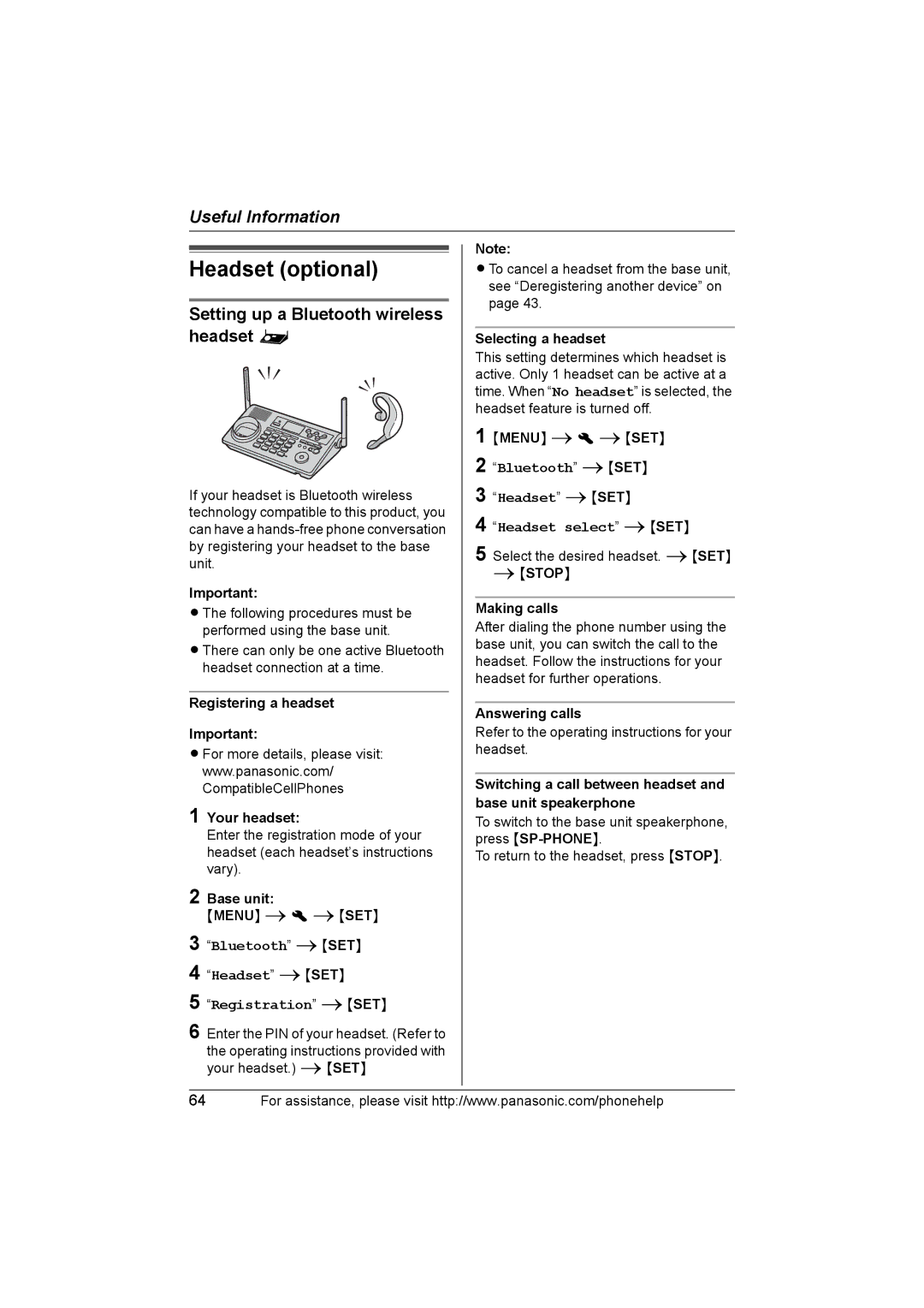 Panasonic KXTH111 operating instructions Headset optional, Setting up a Bluetooth wireless headset 