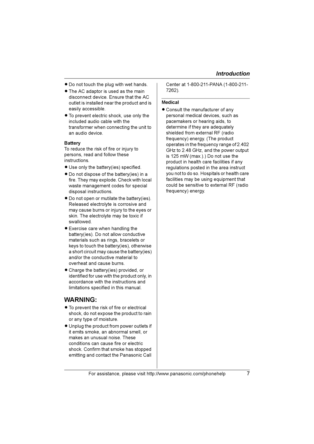 Panasonic KXTH111 operating instructions Battery, Medical 