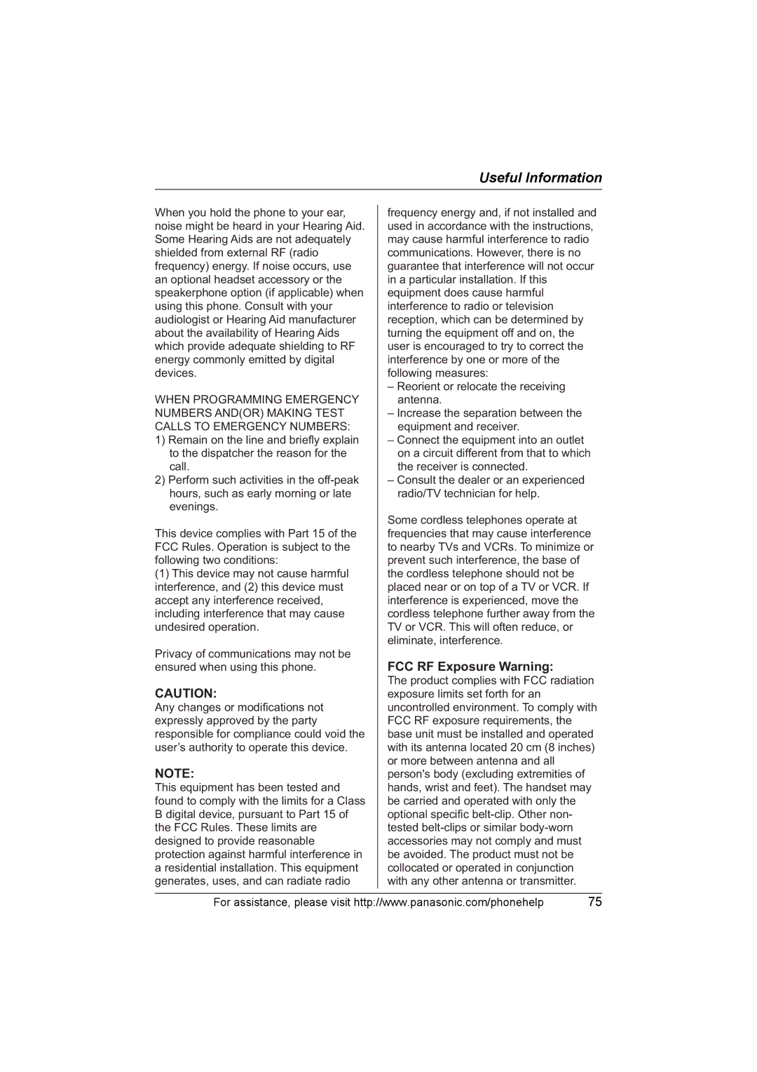 Panasonic KXTH111 operating instructions FCC RF Exposure Warning 