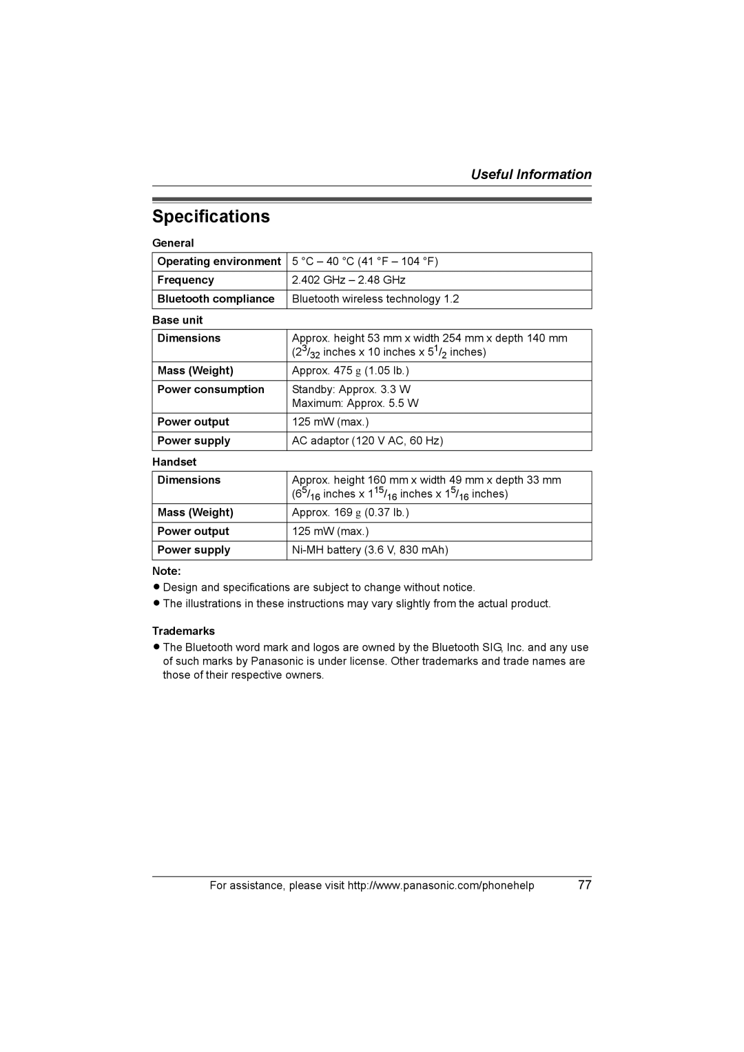 Panasonic KXTH111 operating instructions Specifications 