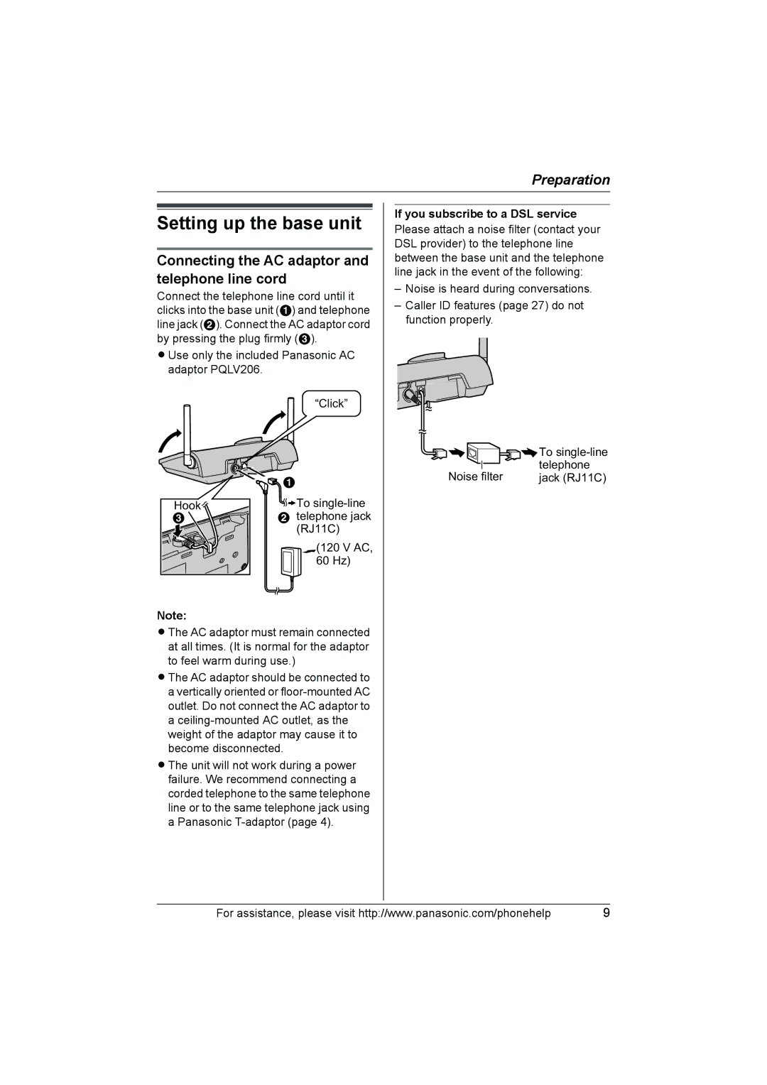 Panasonic KXTH111 operating instructions Setting up the base unit, Connecting the AC adaptor and telephone line cord 