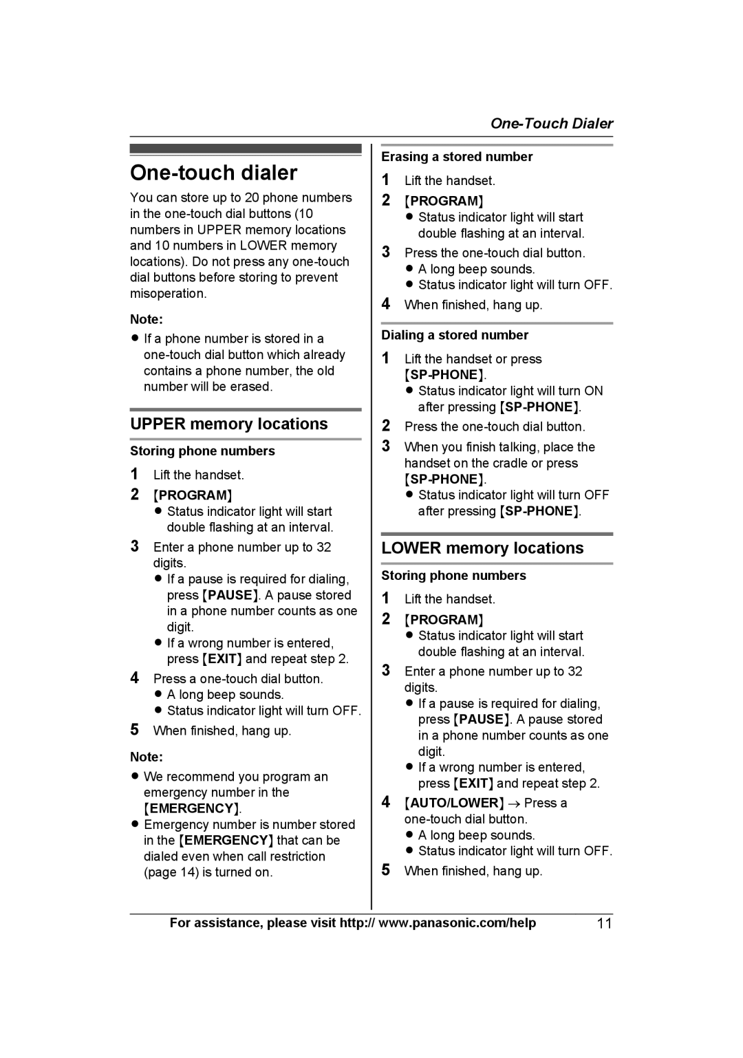 Panasonic KXTS840B operating instructions One-touch dialer, Upper memory locations, Lower memory locations 