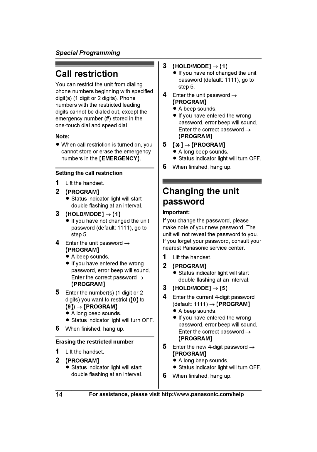 Panasonic KXTS840B operating instructions Call restriction, Changing the unit password, Setting the call restriction 