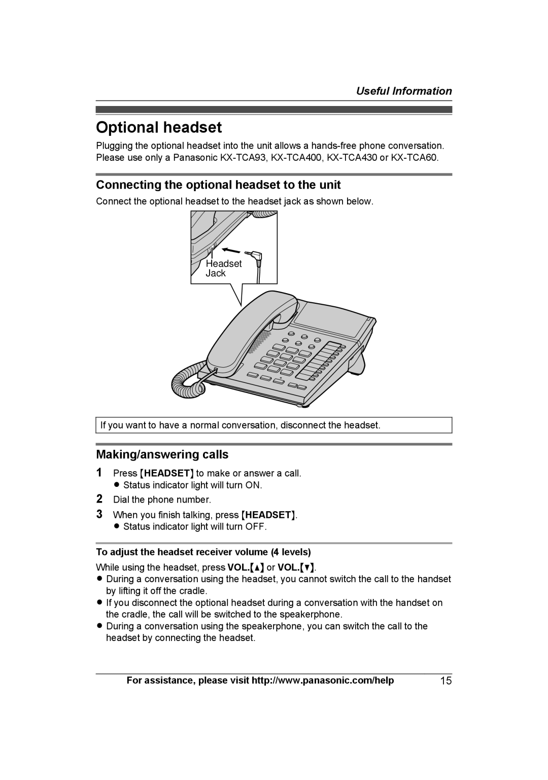 Panasonic KXTS840B operating instructions Optional headset, Connecting the optional headset to the unit 