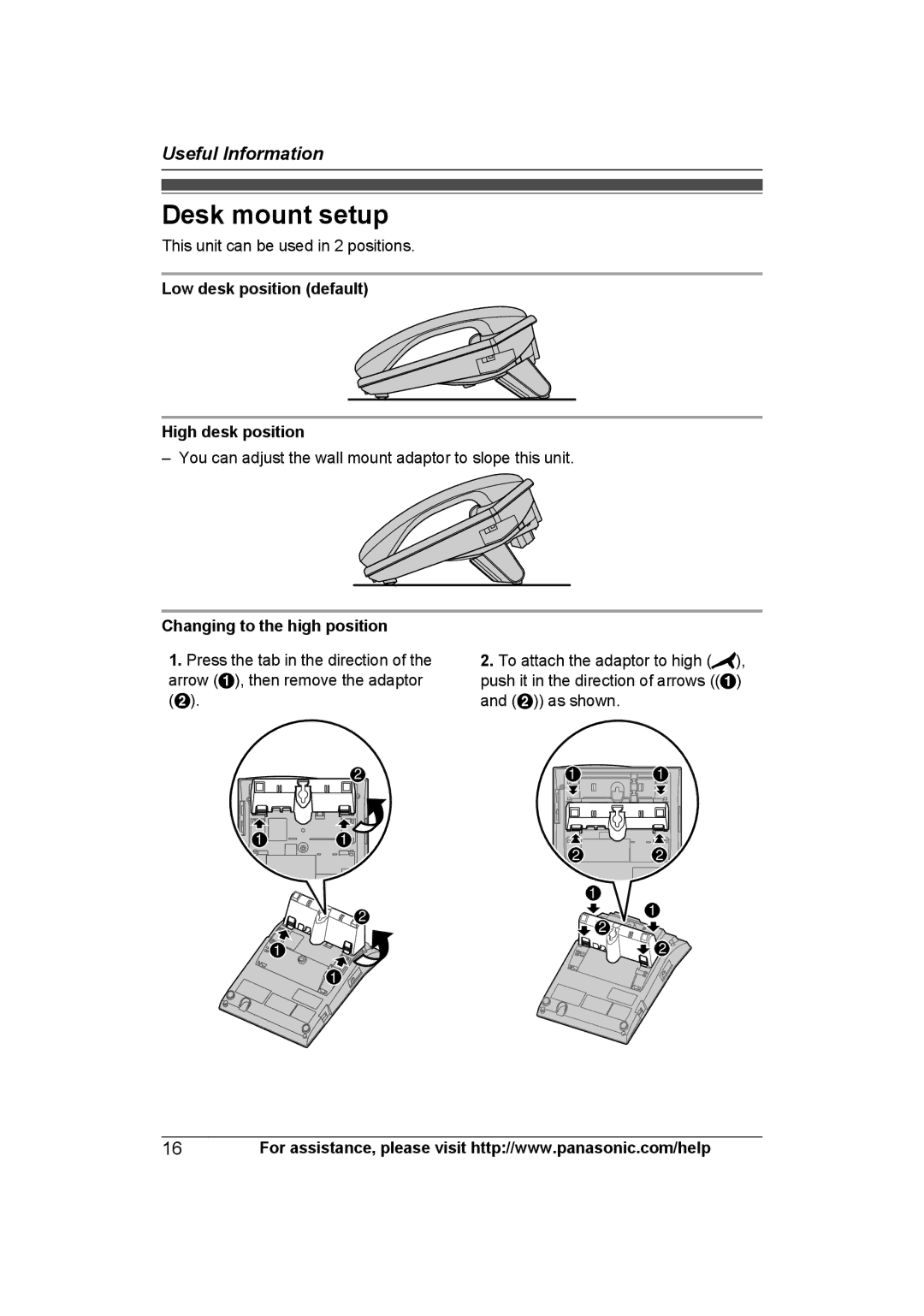 Panasonic KXTS840B Desk mount setup, Low desk position default High desk position, Changing to the high position 