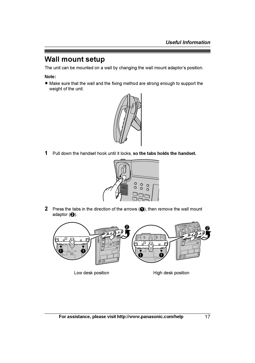 Panasonic KXTS840B operating instructions Wall mount setup 