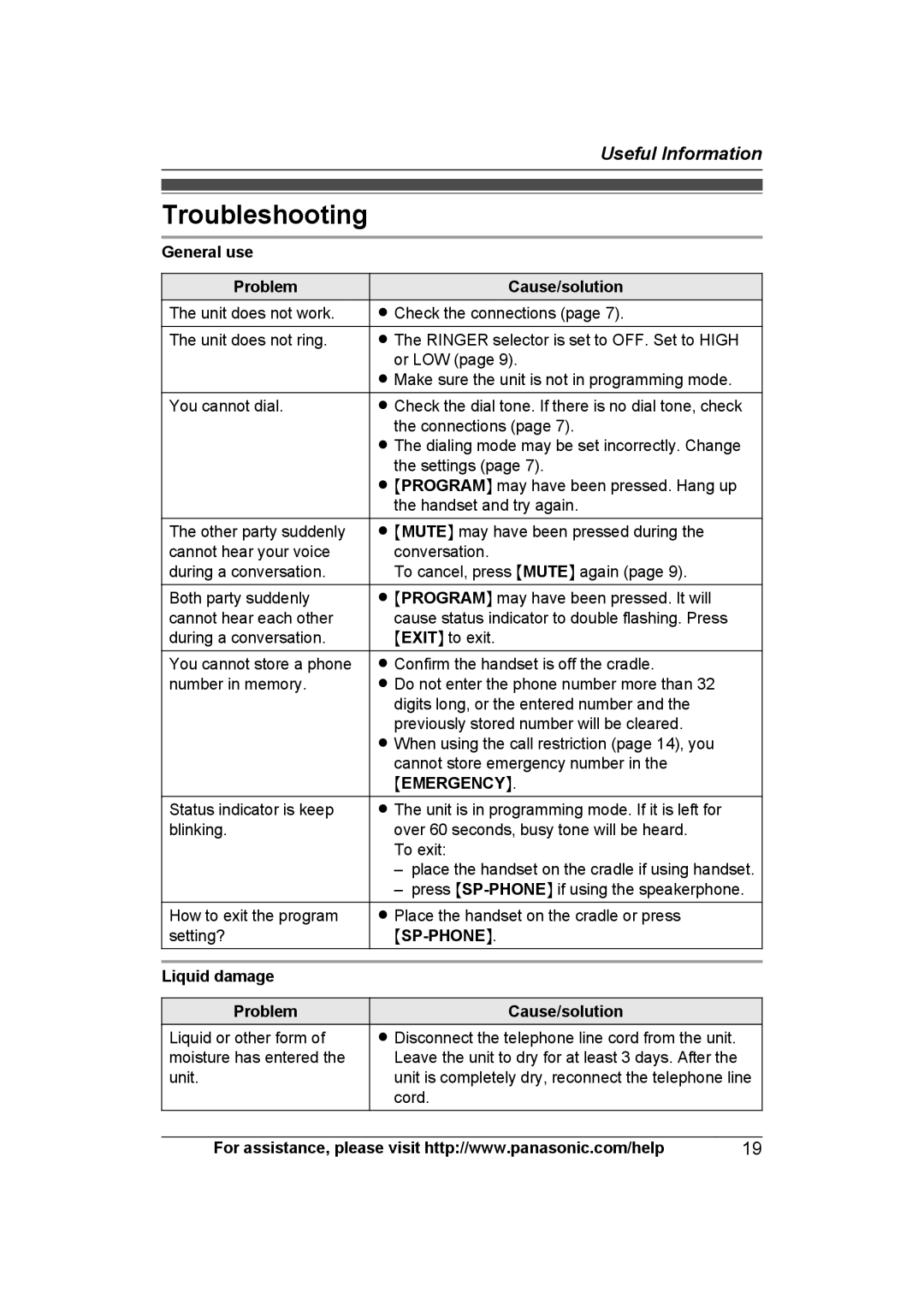 Panasonic KXTS840B Troubleshooting, General use Problem Cause/solution, Liquid damage Problem Cause/solution 