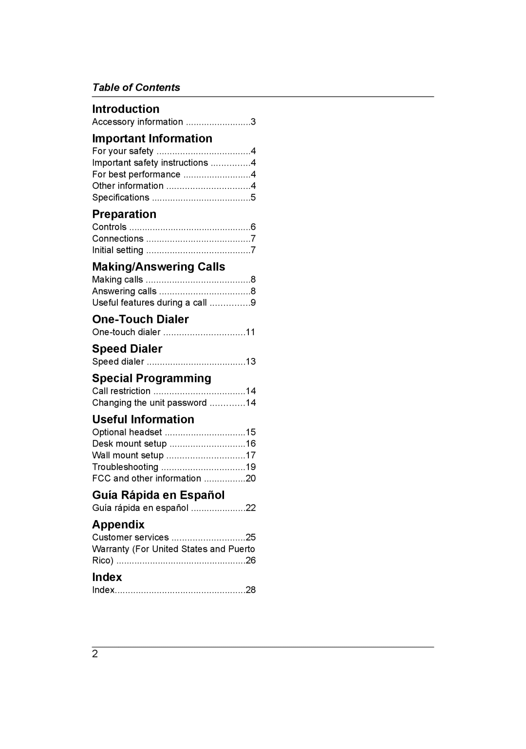 Panasonic KXTS840B Introduction, Important Information, Preparation, Making/Answering Calls, One-Touch Dialer, Appendix 