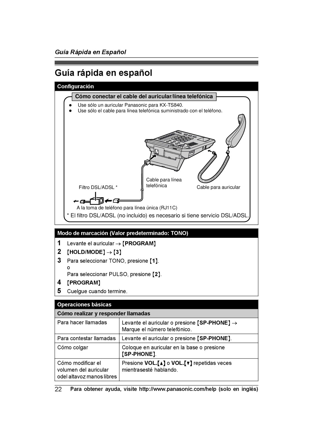 Panasonic KXTS840B operating instructions Guía rápida en español, Cómo conectar el cable del auricular/línea telefónica 