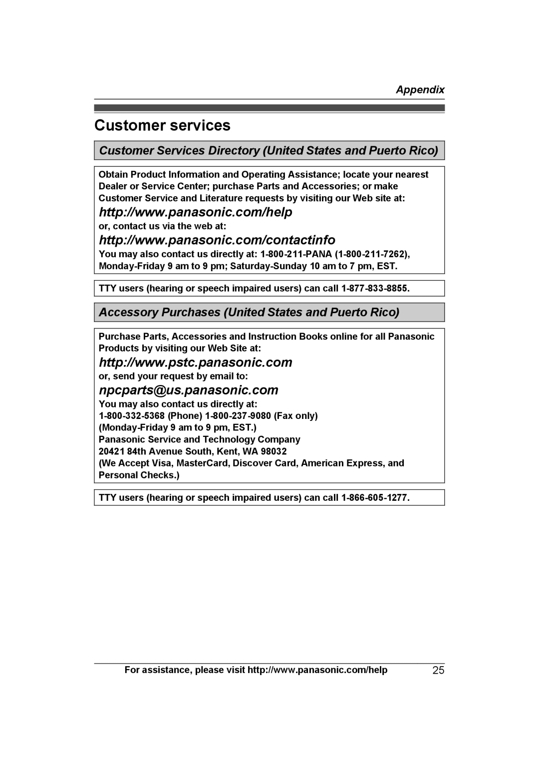 Panasonic KXTS840B Customer services, Or, contact us via the web at, TTY users hearing or speech impaired users can call 