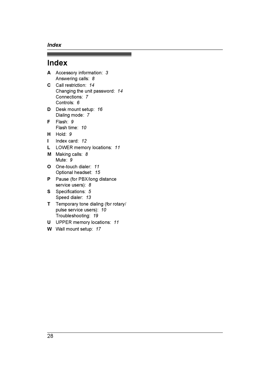 Panasonic KXTS840B operating instructions Index 