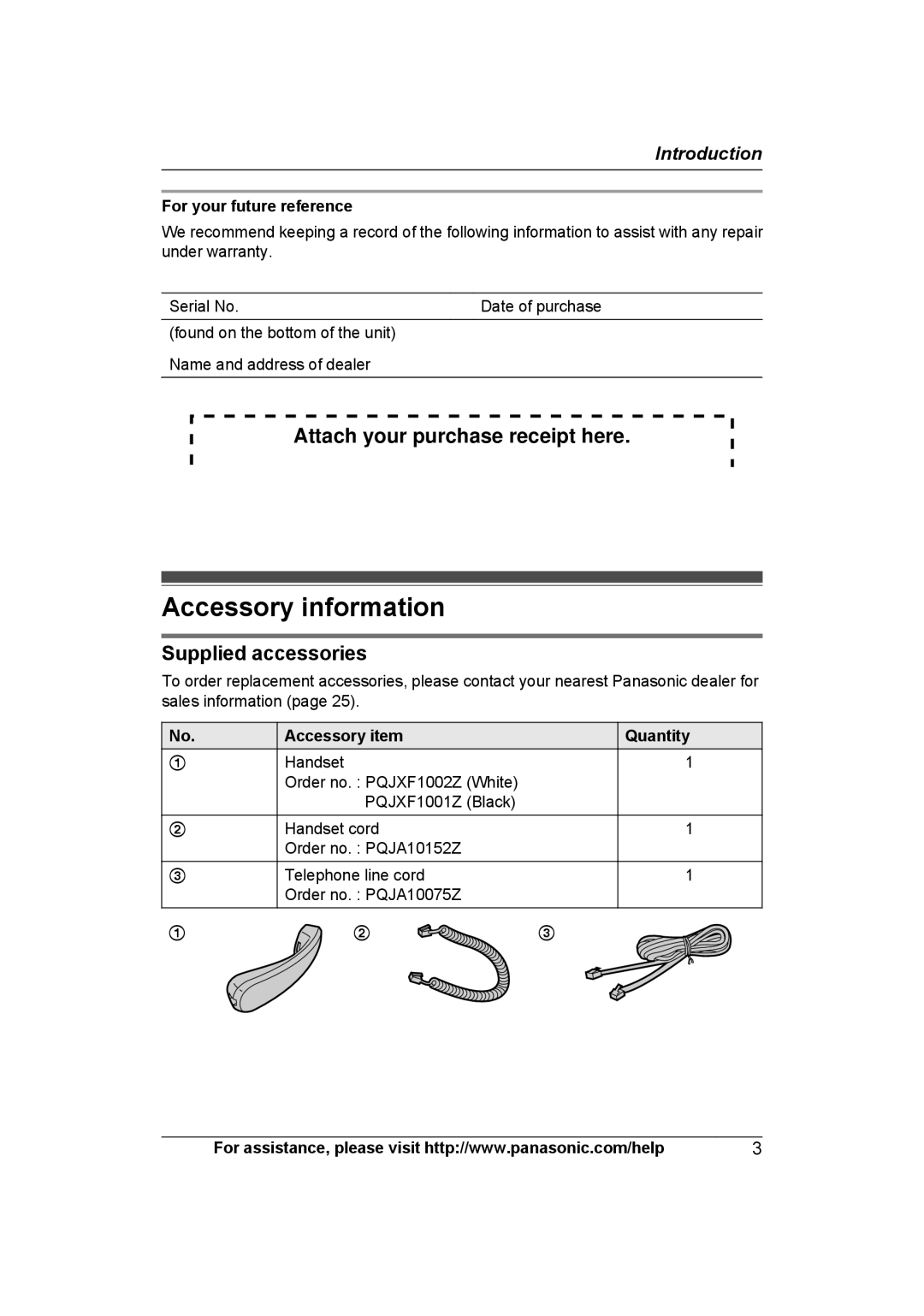 Panasonic KXTS840B operating instructions Accessory information, Attach your purchase receipt here, Supplied accessories 