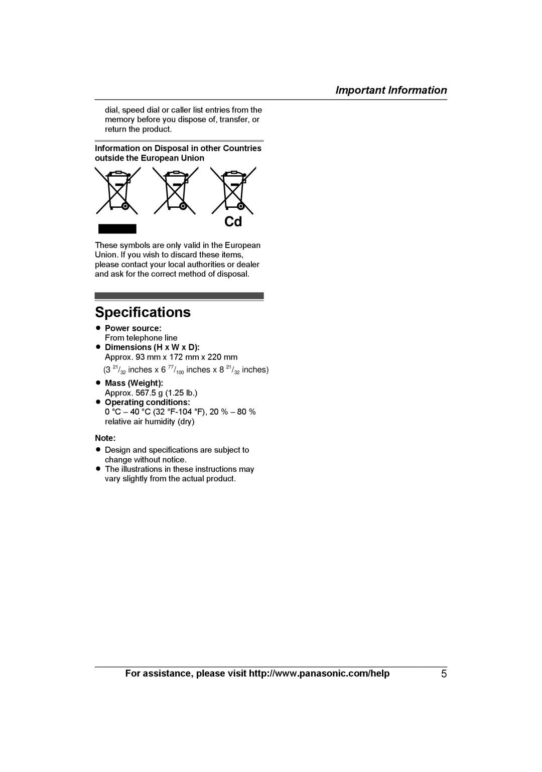 Panasonic KXTS840B operating instructions Specifications 