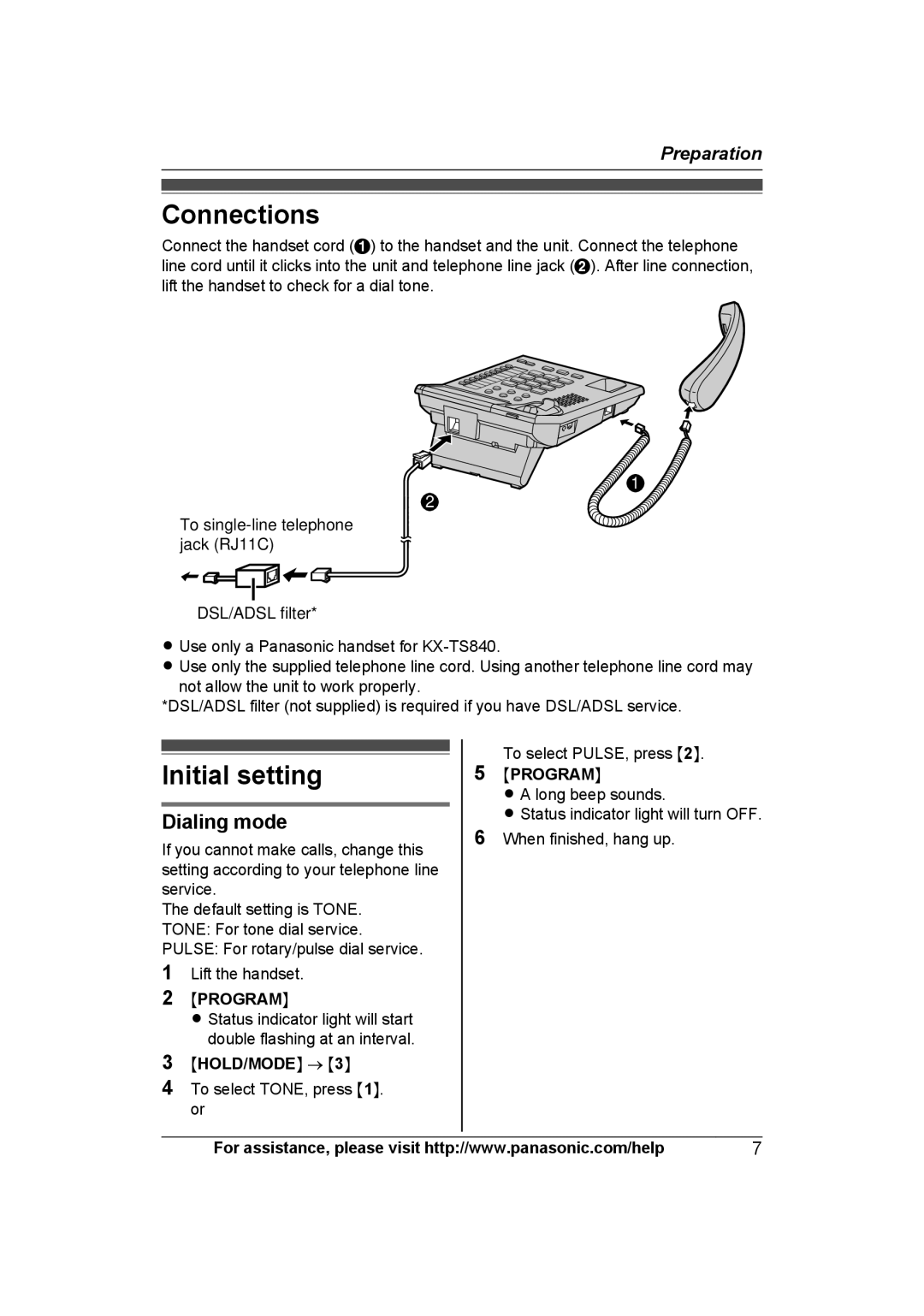 Panasonic KXTS840B operating instructions Connections, Initial setting, Dialing mode 