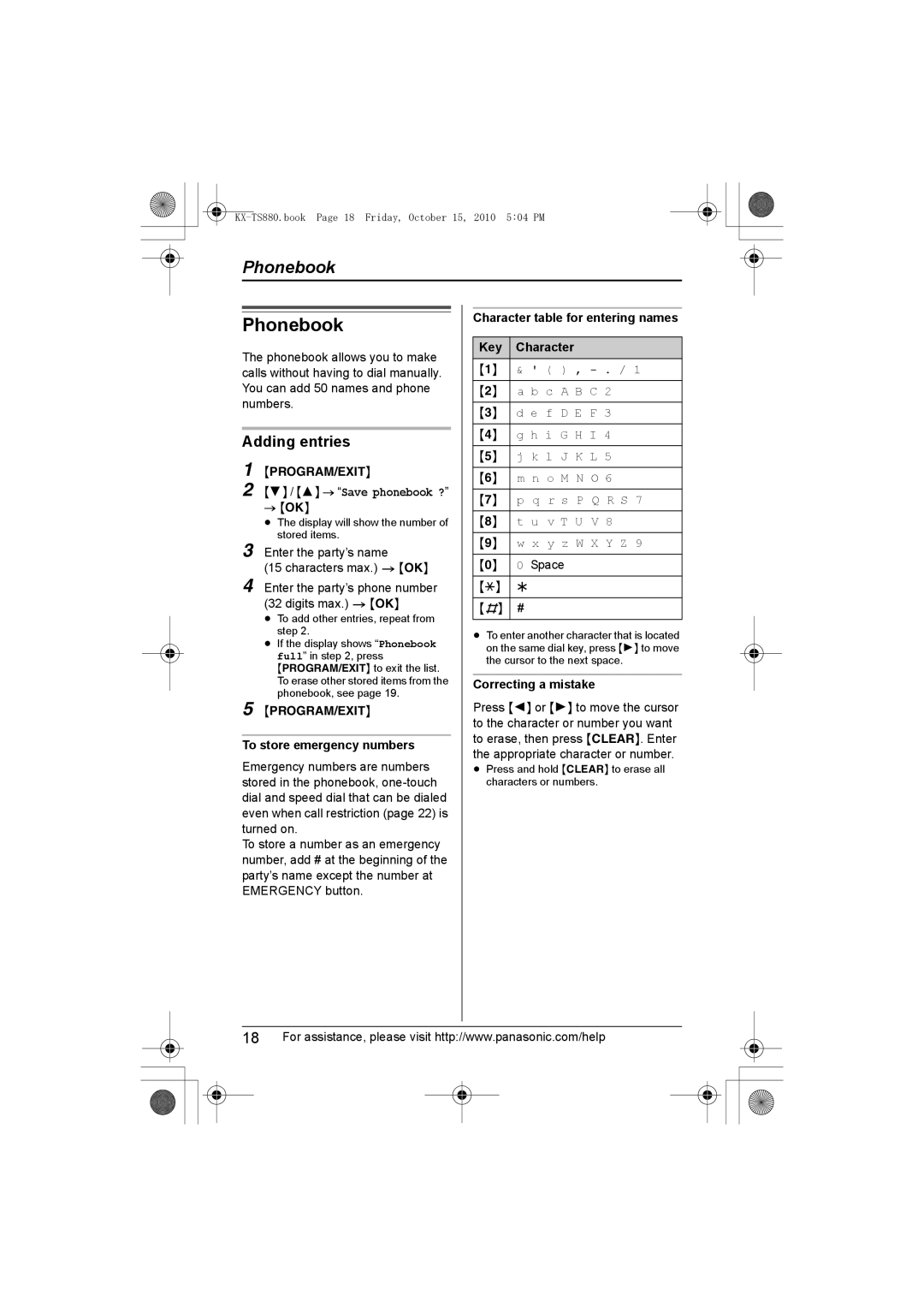 Panasonic KXTS880B Phonebook, Adding entries, To store emergency numbers, Character table for entering names Key 