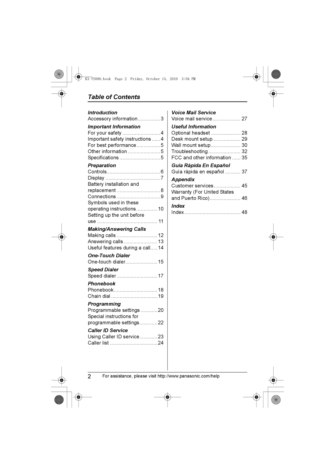 Panasonic KXTS880B, KX-TS880B operating instructions Table of Contents 