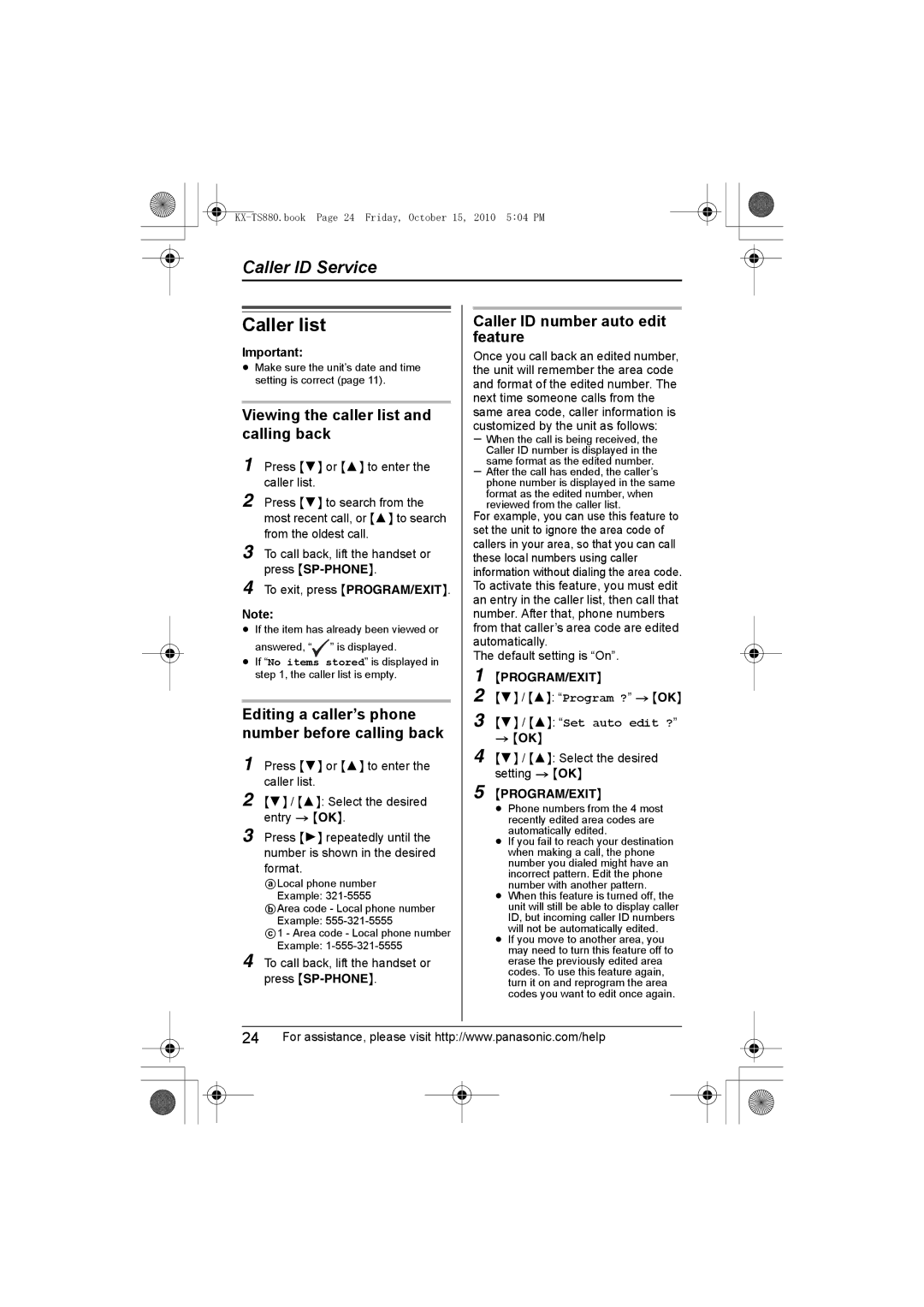 Panasonic KXTS880B, KX-TS880B Caller list, Viewing the caller list and calling back, Caller ID number auto edit feature 