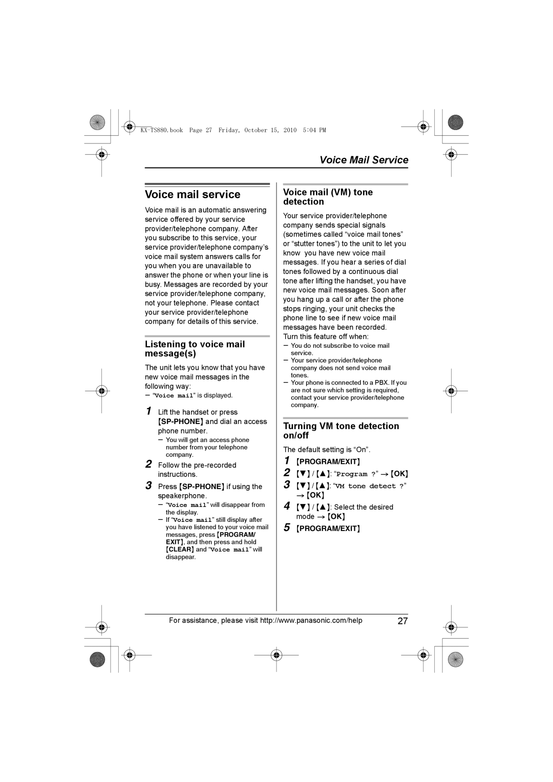 Panasonic KX-TS880B, KXTS880B Voice mail service, Listening to voice mail messages, Voice mail VM tone detection 