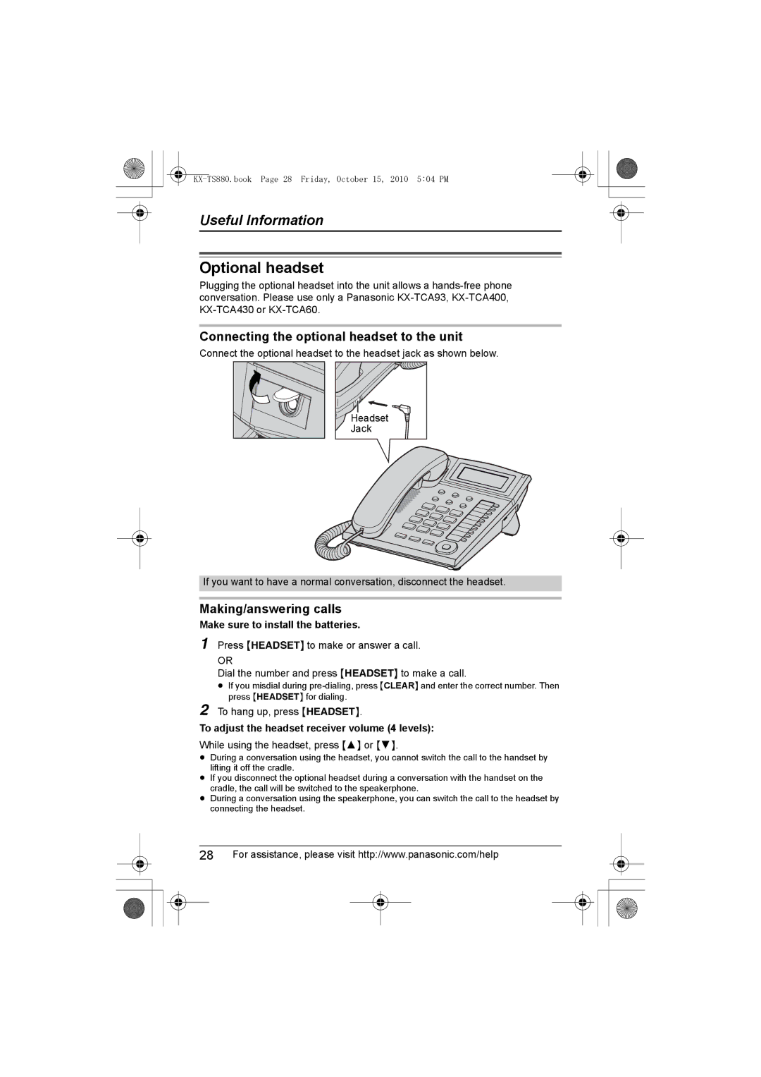 Panasonic KXTS880B, KX-TS880B Optional headset, Connecting the optional headset to the unit, Making/answering calls 