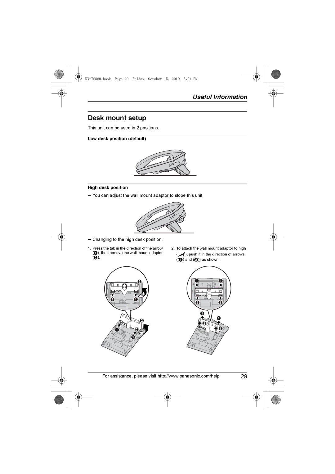 Panasonic KX-TS880B Desk mount setup, This unit can be used in 2 positions, Low desk position default High desk position 