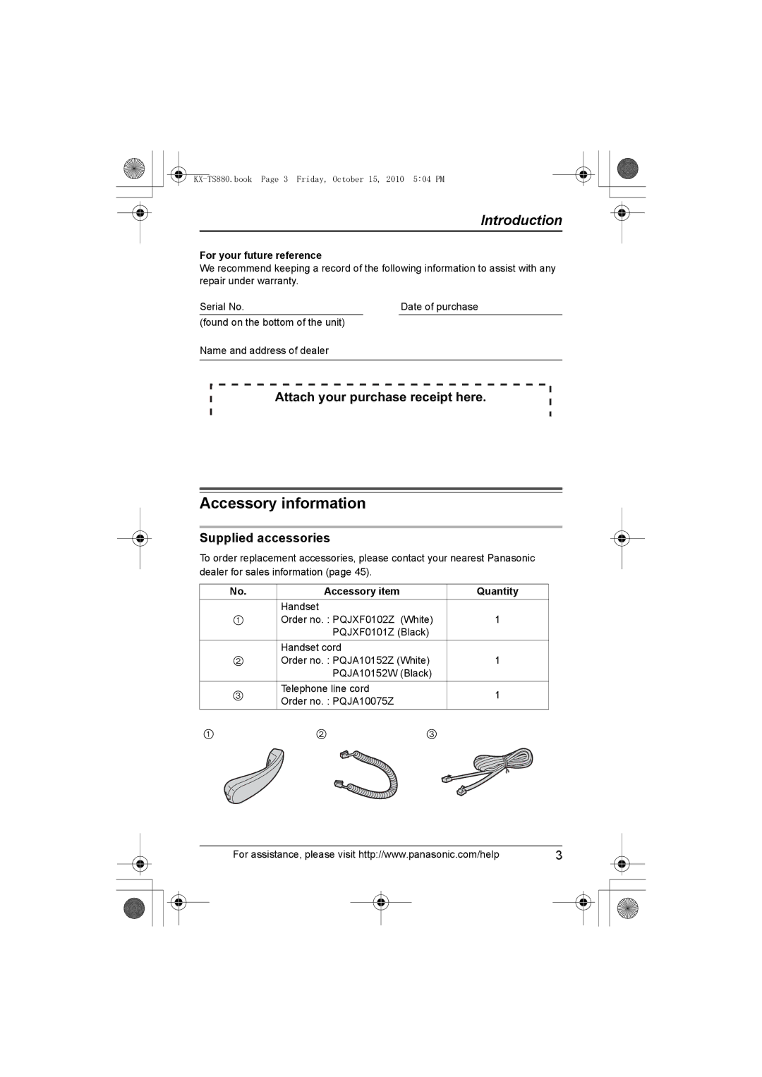 Panasonic KX-TS880B, KXTS880B Accessory information, Attach your purchase receipt here, Supplied accessories 