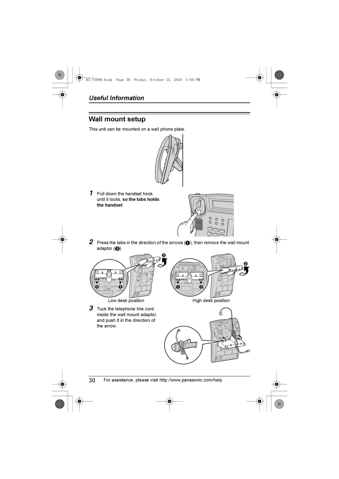 Panasonic KXTS880B, KX-TS880B operating instructions Wall mount setup 