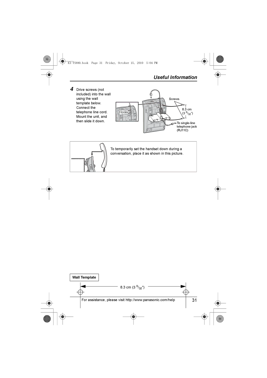 Panasonic KX-TS880B, KXTS880B operating instructions Mount the unit, Then slide it down, Wall Template, Cm 3 9/32 