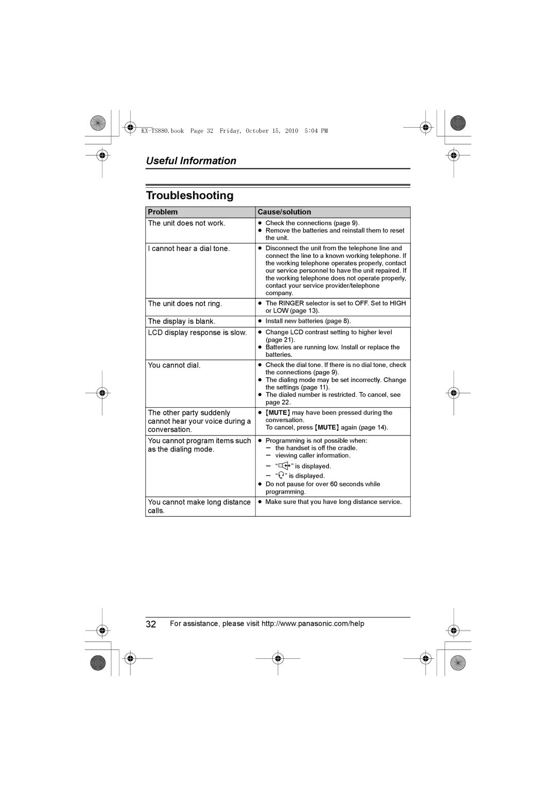 Panasonic KXTS880B, KX-TS880B operating instructions Troubleshooting, Problem Cause/solution 