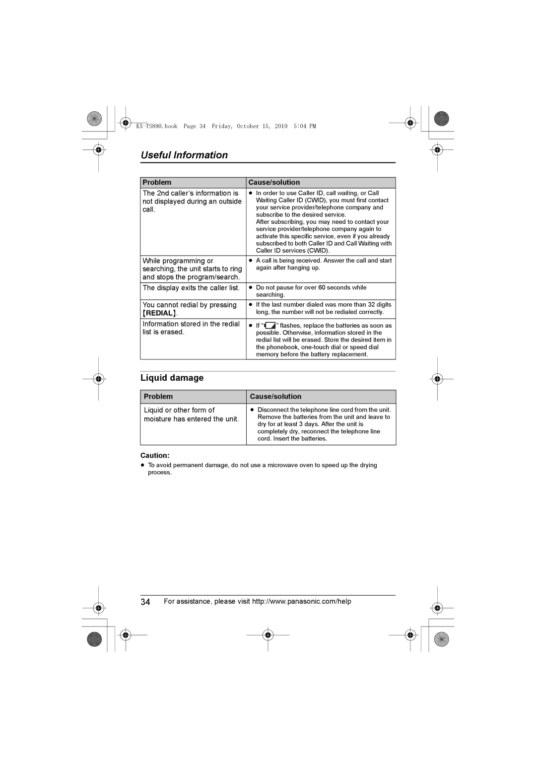 Panasonic KXTS880B, KX-TS880B operating instructions Liquid damage 