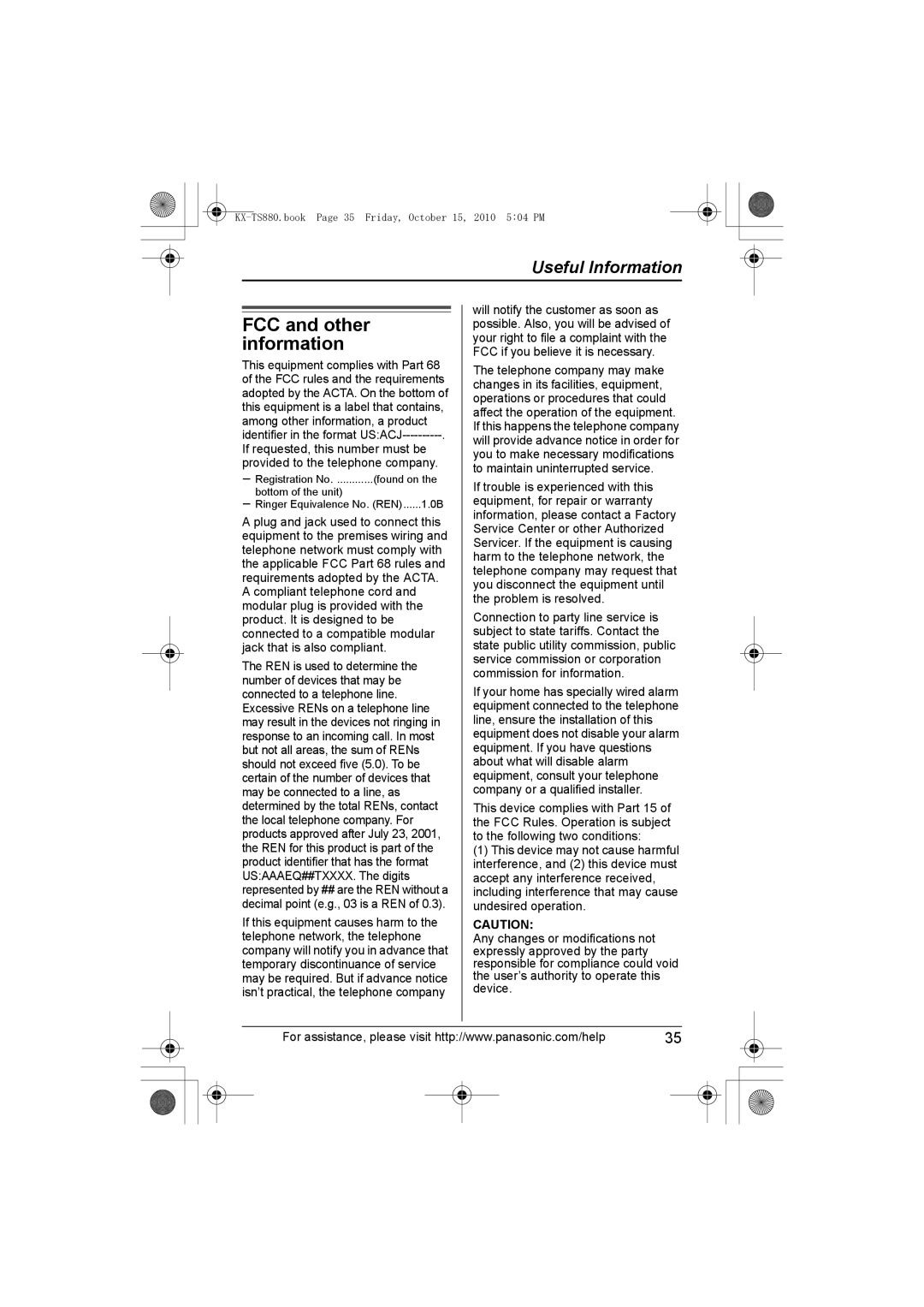 Panasonic KX-TS880B, KXTS880B operating instructions FCC and other information 