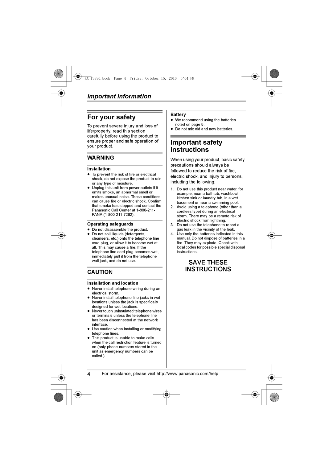 Panasonic KXTS880B, KX-TS880B operating instructions For your safety, Important safety instructions 