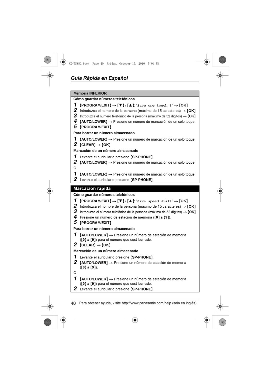 Panasonic KXTS880B, KX-TS880B operating instructions Marcación rápida, Memoria Inferior Cómo guardar números telefónicos 