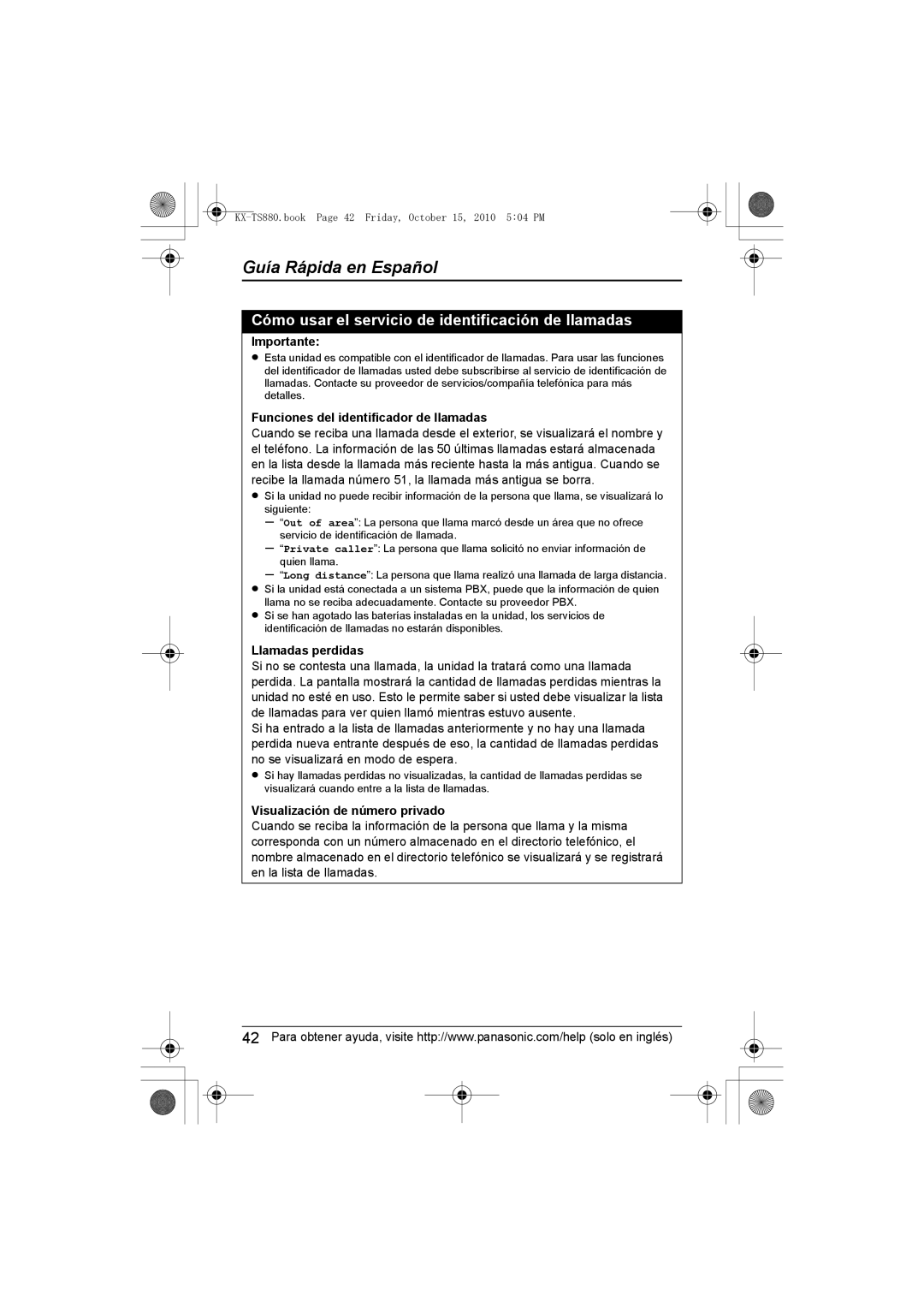 Panasonic KXTS880B, KX-TS880B Cómo usar el servicio de identificación de llamadas, Importante, Llamadas perdidas 