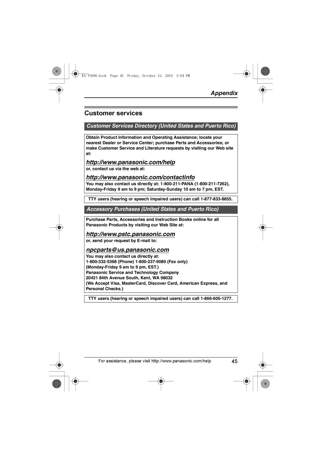 Panasonic KX-TS880B, KXTS880B Customer services, Customer Services Directory United States and Puerto Rico 