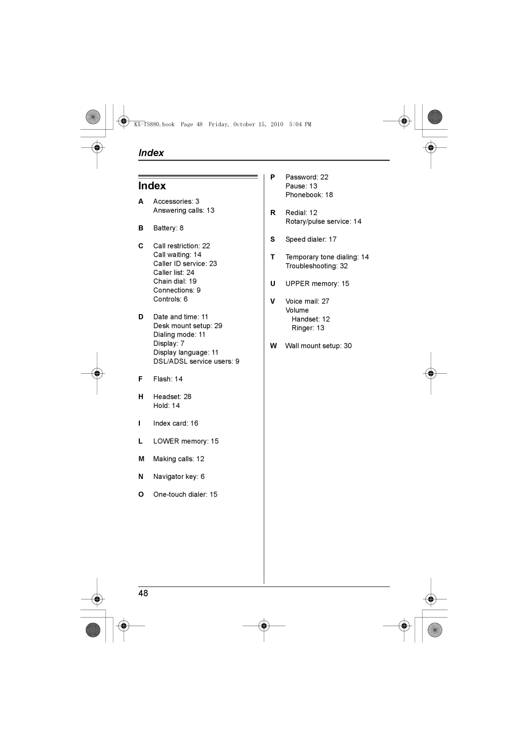 Panasonic KXTS880B, KX-TS880B operating instructions Index 