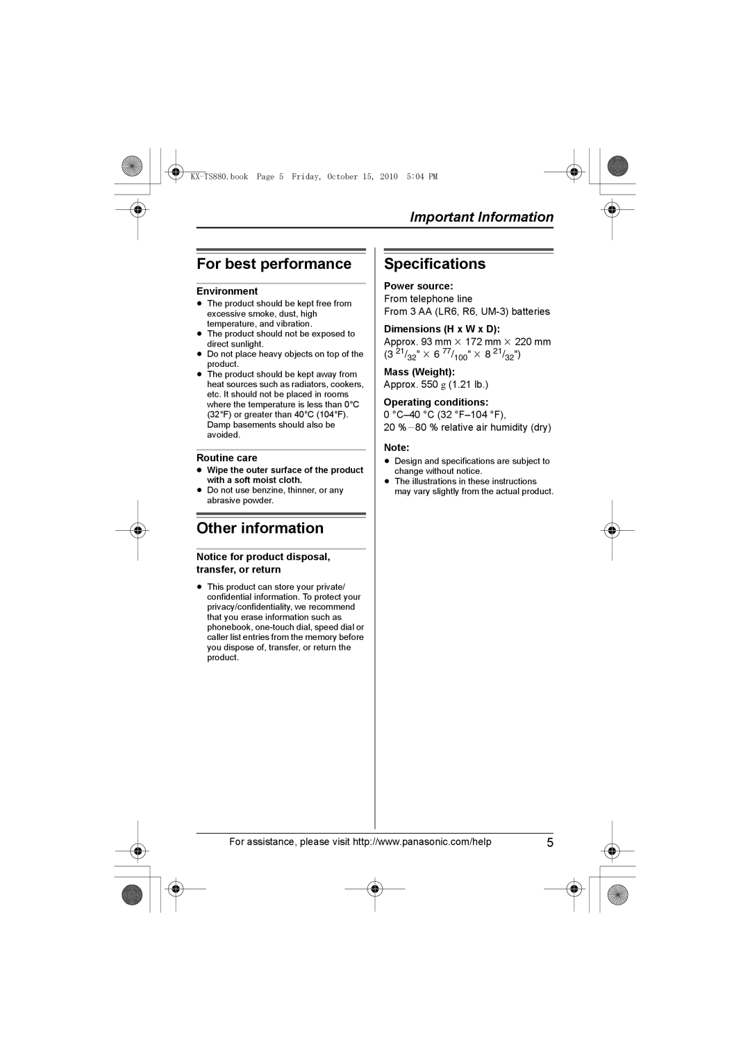 Panasonic KX-TS880B, KXTS880B operating instructions For best performance, Other information, Specifications 