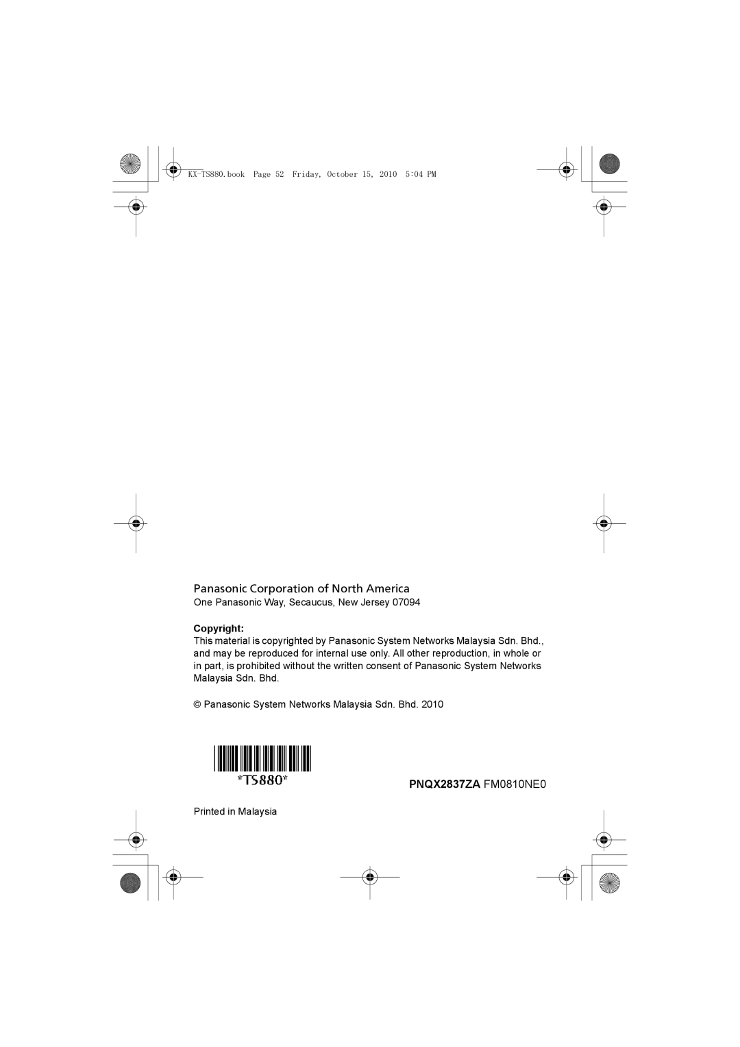 Panasonic KXTS880B, KX-TS880B operating instructions Copyright 