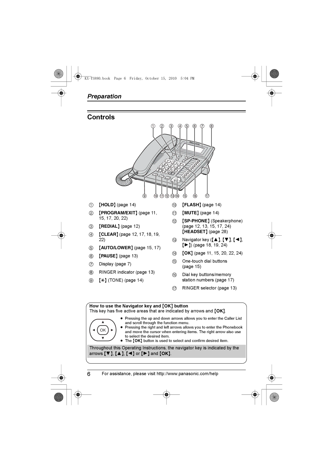 Panasonic KXTS880B, KX-TS880B operating instructions Controls, How to use the Navigator key and OK button 