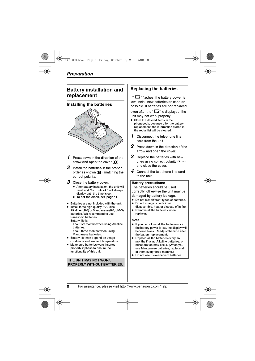 Panasonic KXTS880B, KX-TS880B Battery installation and replacement, Installing the batteries, Replacing the batteries 