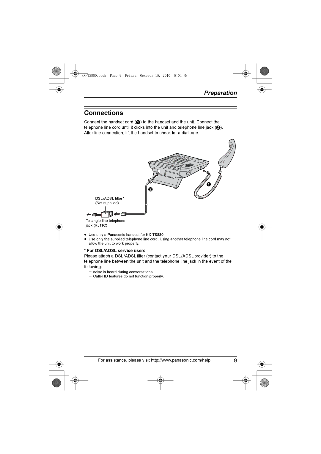 Panasonic KX-TS880B, KXTS880B operating instructions Connections, For DSL/ADSL service users 