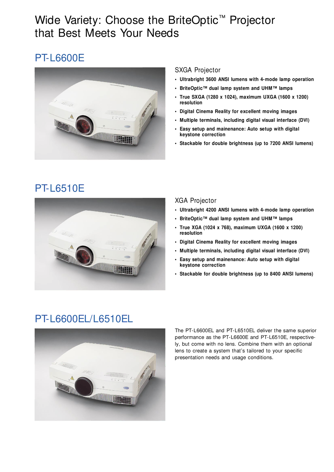 Panasonic L6510E manual Sxga Projector, XGA Projector 