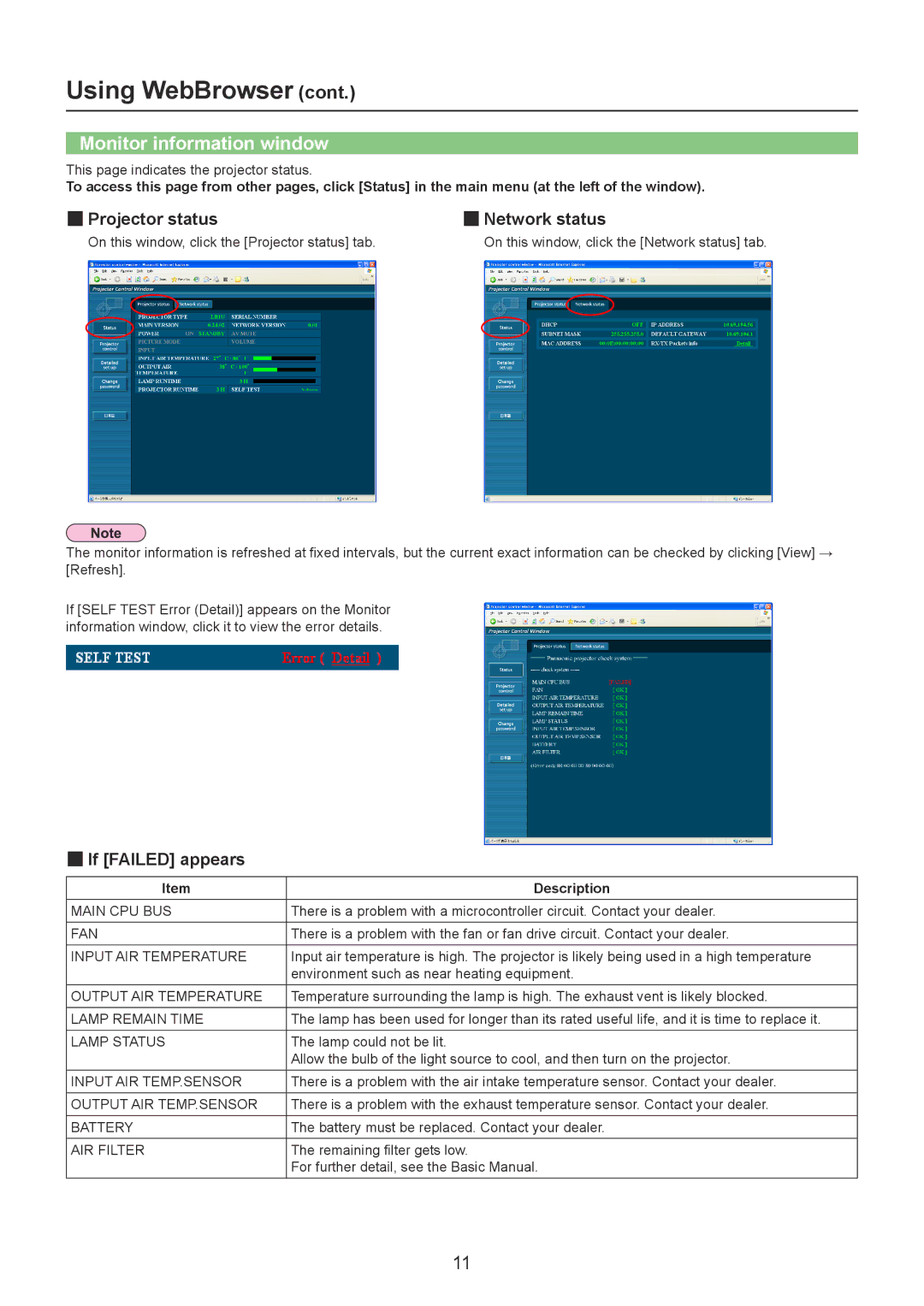 Panasonic PT-LB1E, LB1U, LB1EA manual Monitor information window, „ Network status, „ If Failed appears, Description 