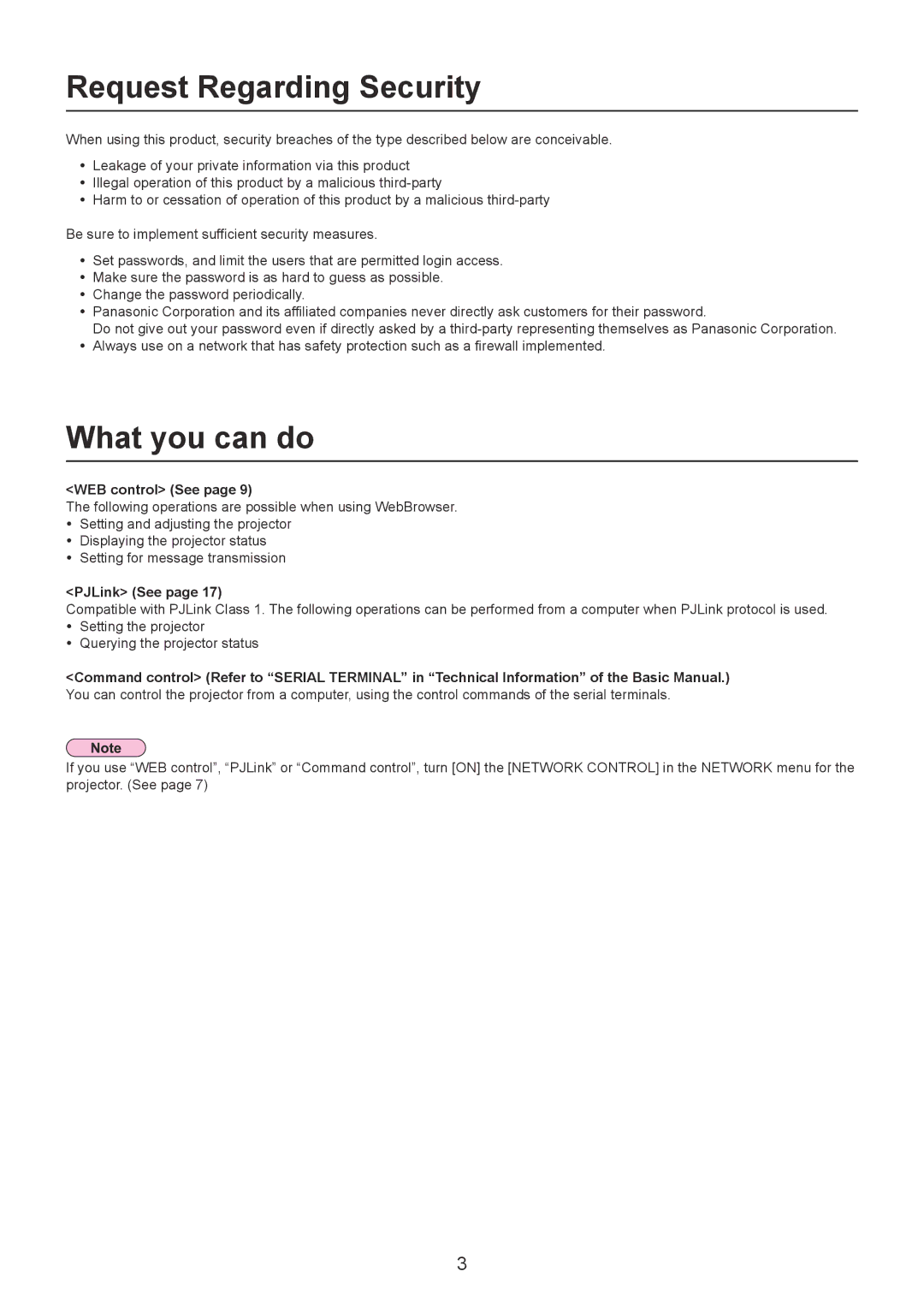 Panasonic LB1U, LB1EA, PT-LB1E manual Request Regarding Security, What you can do, WEB control See, PJLink See 